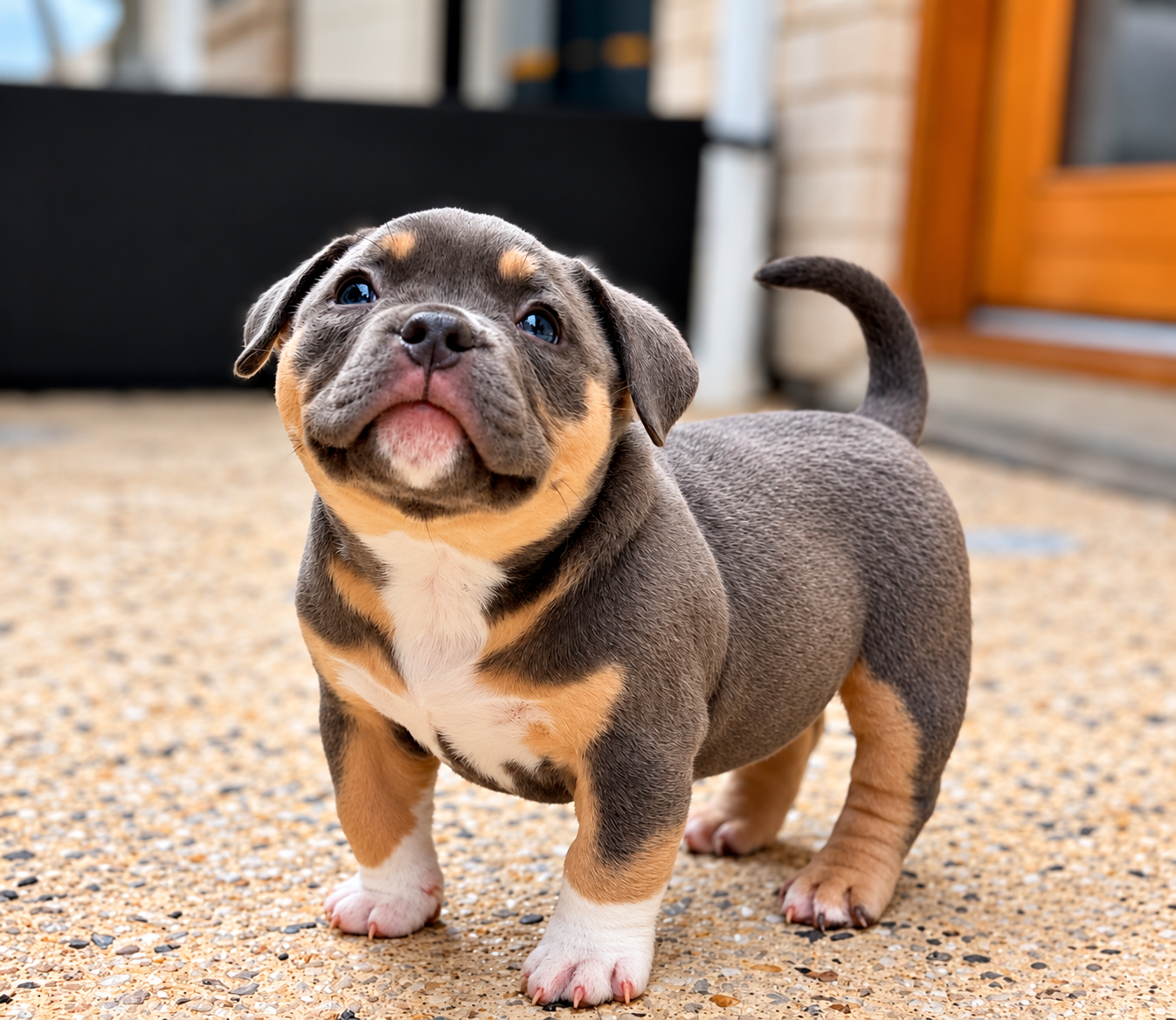 Pocket Bully puppy standing outdoors