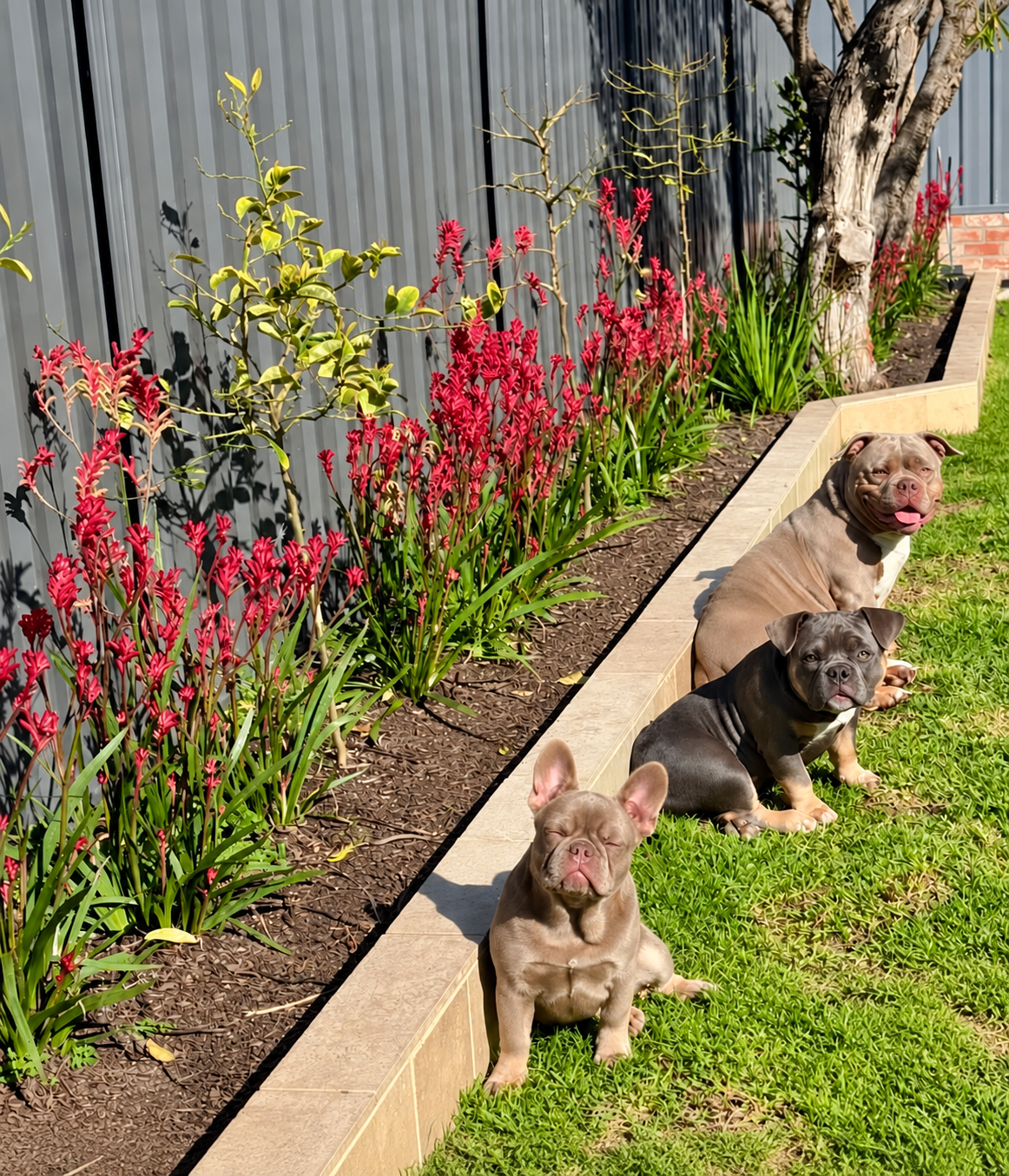 Three bulldogs together in a sunny Adelaide garden